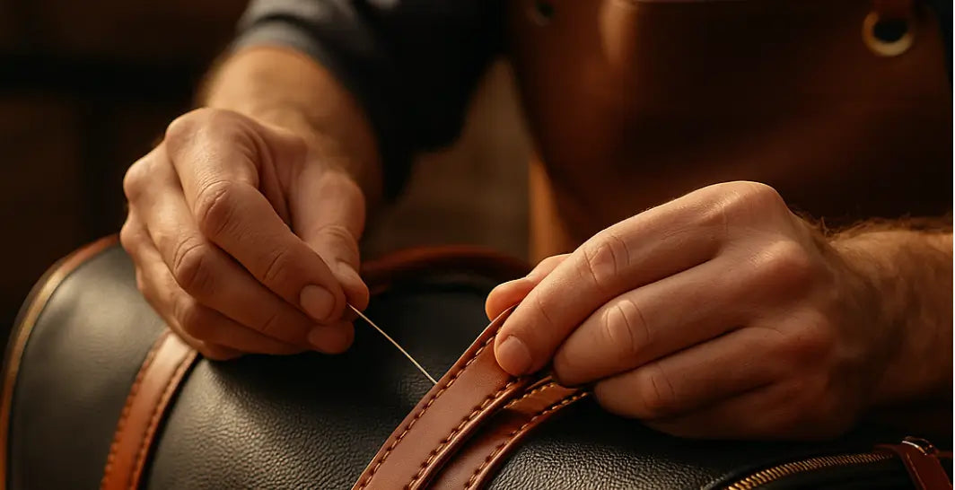 Artisan stitching a Luhxe leather bag by hand