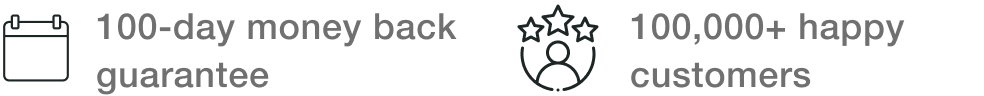 Trust badges: 100-day money back guarantee · 100,000+ happy customers