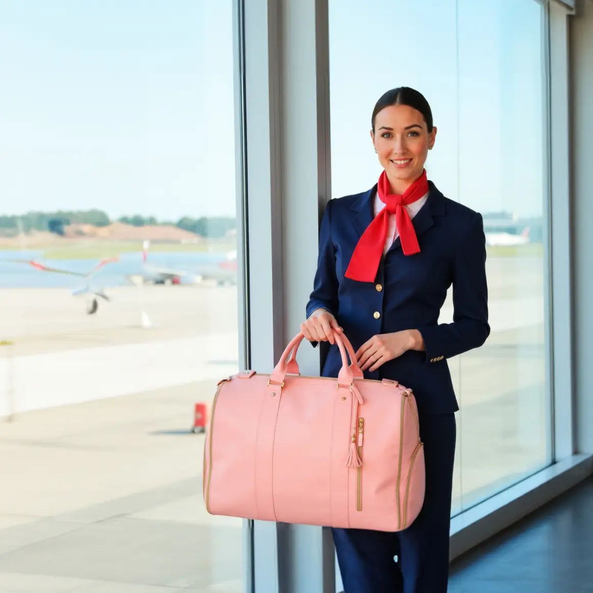 Flight attendant with Luhxe bag